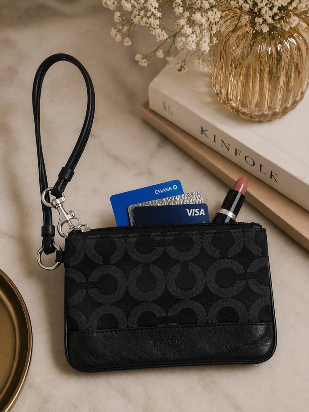 COACH Signature C Mini Wristlet Black Monogram Zip Wallet Pouch Canvas Clutch - Picture 2 of 16